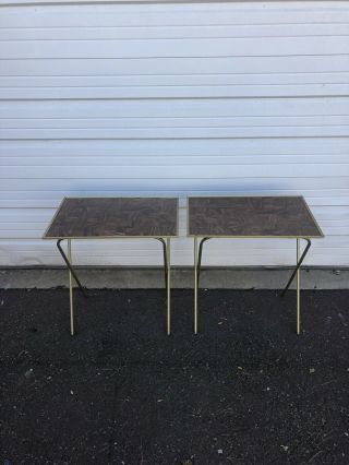 Vintage Mid Century Tv Tray Set X2 - Wooden Tone Top W/ Gold Metal Legs / Stands
