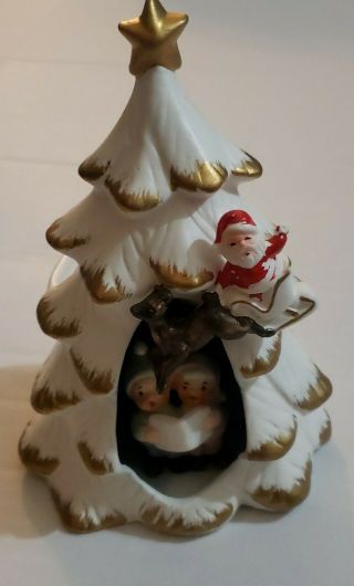 Vintage Napco White Christmas Tree W Carolers,  Santa Reindeer Diorama Planter
