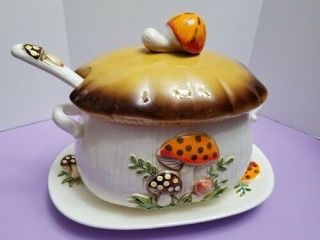 1978 Vtg Sears Roebuck & Co.  Merry Mushroom Soup Tureen,  With Ladle And Plate