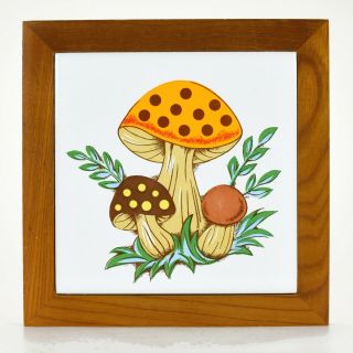 Vintage Sears Roebuck Merry Mushrooms Wood Frame Ceramic Tile Trivet C1970s