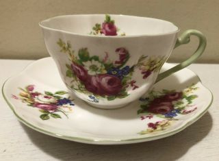 Vintage Shelley China England Dainty Tea Cup Saucer Light Green Handle Flowers