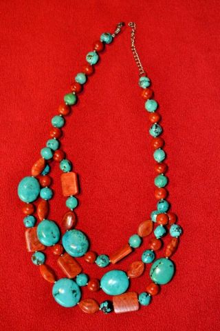 Vintage Red Sponge Coral And Turquoise Sterling Silver Necklace