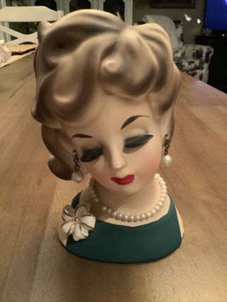 Vintage Enesco Lady Head Vase Green Dress And Pearls Measures 6” Tall