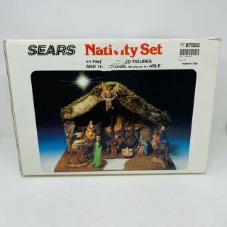 Vintage Sears Nativity Set Wood Stable Italy Landi All 10 Figures 97893 W/box