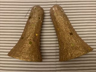 Two Vintage Gold Glitter Paper Mache Christmas Decoration Bells 8.  25”.  Japan