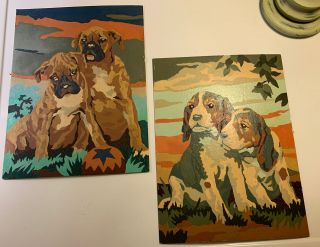 Two Vintage Paint By Numbers Dogs 9 X 12 Artwork Unframed Mcm Retro