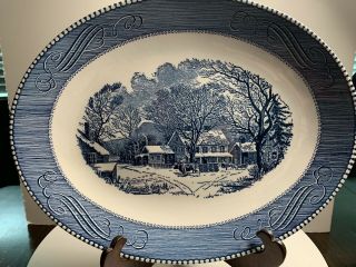 Vintage Royal Currier And Ives Blue 13 " Oval Platter " Old Inn Winter "