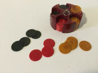 Vintage Miniature Bakelite Poker Chips And Caddy