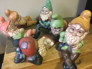 Vintage Set Of 6 Garden Gnomes Dwarves Elves Ceramic Figure Lawn Ornaments Cute