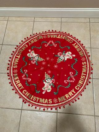 Vintage Cloth/pompoms Merry Christmas Round Tree Skirt Tablecloth Approx.  34 "