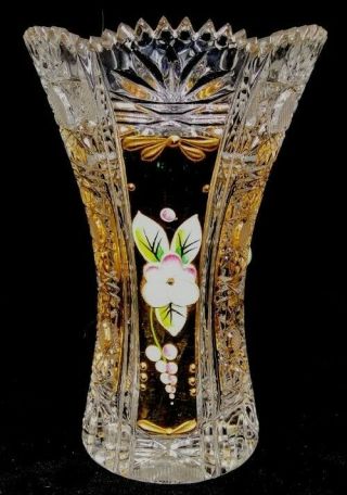 Bohemian Czech Glass Cut Crystal Gold Gilt Hand Painted Enamel Flower Vase Vtg.