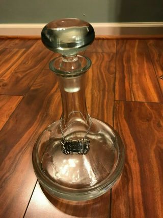 Vintage Crystal Clear Glass Ships Decanter With Stopper And Silver Gin Label