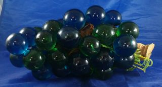 Large Vintage Retro Green And Blue Glass Grape Bunch Sculpture/burl Wood Branch