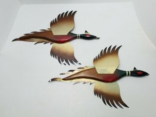 Set Of 2 Vintage Flying Geese Ducks Wall Art Mid Century Modern Wood Brass/metal