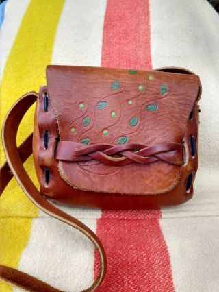 Vintage 60/70s Hippie Hand Paint Tooled Laced Braided Leather Shoulder Bag Purse