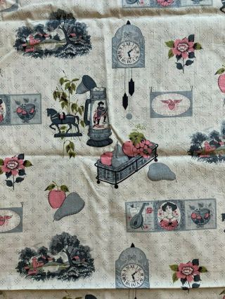 Vintage cottage chic shabby cotton print kitchen curtains gray pink green 1950 ' s 2