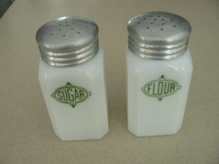 Vintage Anchor Hocking Milk Glass Flour Shaker And Sugar Shaker,  Lids