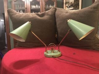 Vintage Mid Century Modern Mcm Green Metal Double Light Desk Lamp 1960s