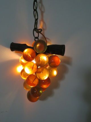 Mid - Century Amber Lucite Acrylic Grape Cluster Hanging Swag Lamp