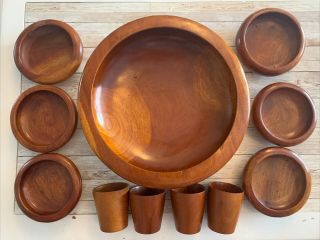 Vintage Wood Salad Bowl Set With 6 Serving Bowls 4 Cups Mahogany -