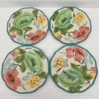 Pioneer Woman Vintage Bloom Set Of 4 Salad Dessert Plates Floral Teal Scalloped