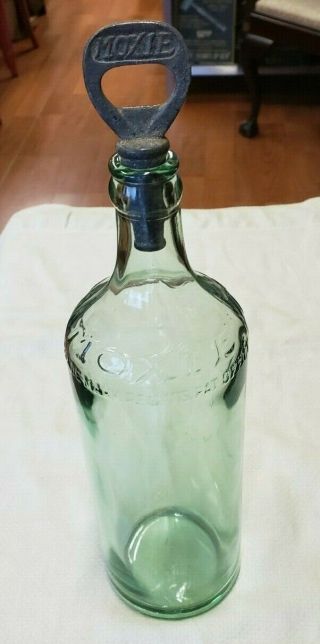 Vintage Moxie Bottle With Metal Stopper Green Glass Circa 1930 - 60 