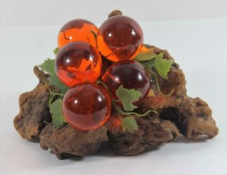 Vintage Mid Century Modern Amber Orange Lucite Grape Cluster On Driftwood