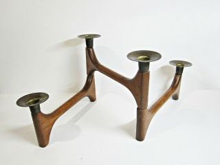 Mid Century Danish Modern Candle Holder Folding Candelabra Teak Wood And Brass D