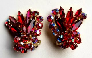 Vintage Signed Sherman Clip Earrings - Siam Red,  Red & Red Aurora Borealis