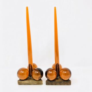 Vintage 1960s Amber Lucite Grapes & Wood Candle Holders With Candles Triangle