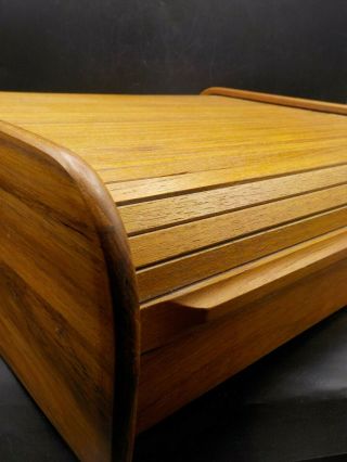 Vtg Danish Modern Teak Wood Roll Top Desk Organizer Tambour Media Storage Box