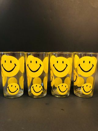 4 Vintage Smiley Face Hazel Atlas Drink Glass Tumblers.  Continental Can.  1970’s