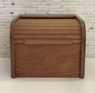 Vintage Kalmar Designs Tambour Teak Wood Roll Top Recipe Box Storage Accordion