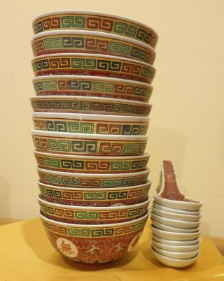 Vintage Mun Shou Rose Longevity Porcelain Rice Bowl W 萬夀無疆 Set Of12bowl,  10spoons