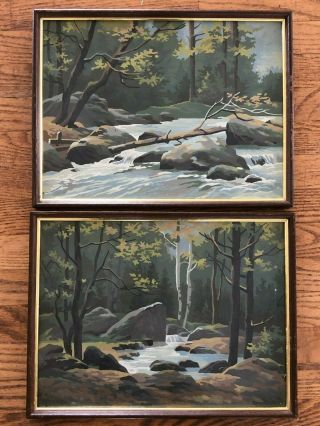 Pair Vtg Paint By Number Framed Glass Stream River Birch Trees