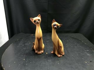 2 Vintage Siamese Ceramic Mid - Century Long Neck Cat Cats