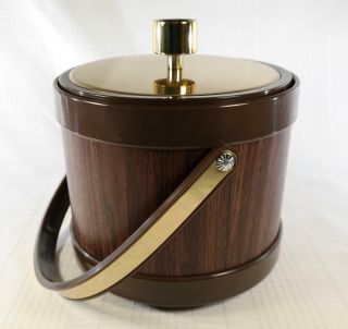 Vintage Mid - Century Kromex Ice Bucket Faux Walnut Wood Grain Gold Trim