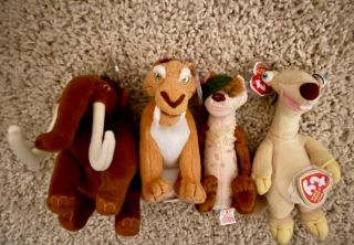 Ice Age Beanie Babies Set Of 4 - Diego,  Sid,  Buck And Manny - Nwmt