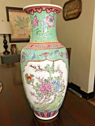 Vintage Andrea By Sadek Large 15 " Aqua Handpainted Ceramic Vase W Lotus & Birds