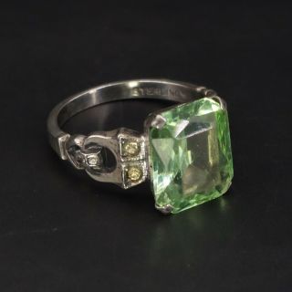 Vtg Sterling Silver Signed Art Deco Green Rhinestone Cocktail Ring Size 6 - 3g