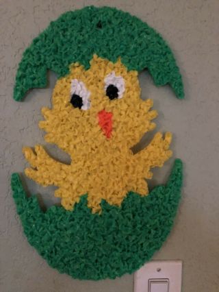 Vintage Easter Spring Plastic Popcorn Art Decoration Baby Chick In Green Egg