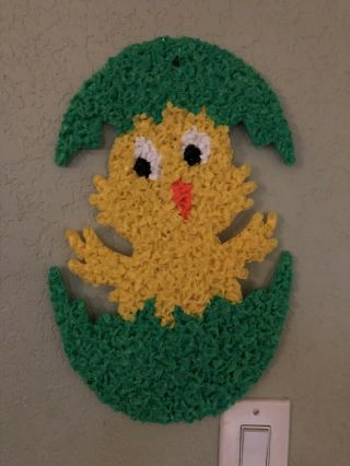 Vintage Easter Spring Plastic Popcorn Art Decoration Baby Chick In Green Egg 2