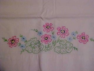 Vintage Embroidered Pillowcases,  Pink Blue Green Floral Flowers