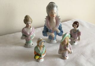 Vintage German Porcelain Set Of 5 Pin Cushion Half Dolls