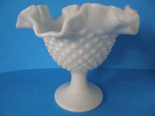 Vintage White Hobnail Design Milk Glass Ruffled Top Vase 6 " Tall