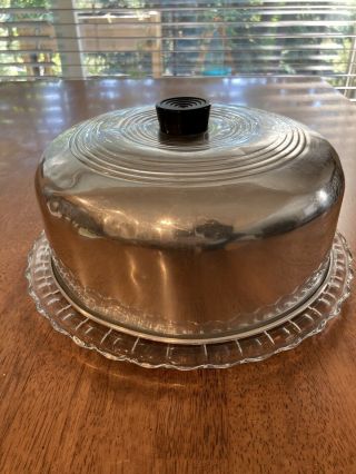 Vintage Aluminum Cake Holder / Carrier With Black Knob And Glass Plate