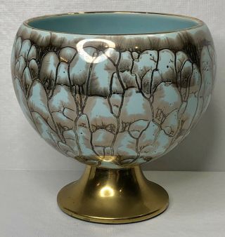 Delft Turquoise Blue Gold 5” Pedestal Bowl Holland MCM Delftware Hand Painted 2