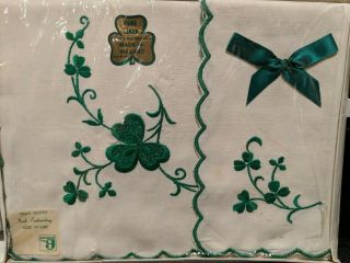 Vtg Irish Linen Tray Cloth White Cotton Embroidery Green Clover Ireland Nib