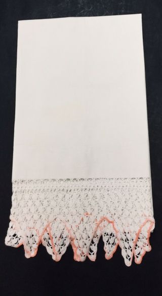 Vintage Single Pillow Case Hand Crochet Edge White Cotton Peach Edge Sm Repair
