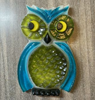 Vintage Owl Wall Hanging Blue & Green Acrylic Lucite Retro